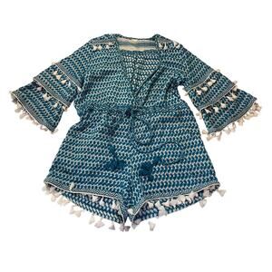 Dodo Bar Or Turquoise & White Tassel Detail Playsuit Romper BOHO Womens Large